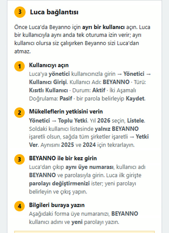 Beyanno kurulum sayfası: Luca'da kısıtlı kullanıcı açma adımları